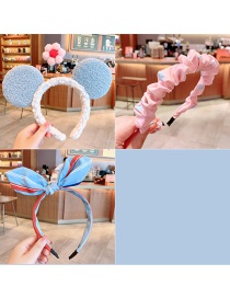 Fashion Sky Blue Blue Ear Pink Flower Three-piece Set Fabric Bowknot Checkered Net Yarn Printing Knotted Wide Side Childrens Headband