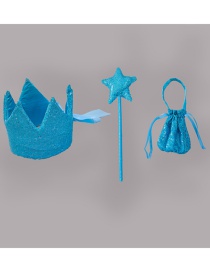 Fashion Sequin Blue-three Piece Set Tether Strap Childrens Mesh Cloak Hooded Cloak Crown Magic Wand