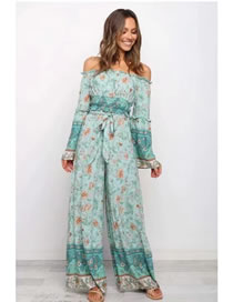 Fashion Green Floral Printed Neckline Cropped Top With Belt Wide Leg Pants Suit