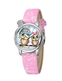 Fashion Pink Owl Pattern Diamond Belt Children Watch