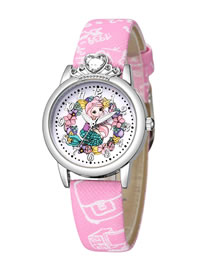 Fashion Pink Princess Pattern Silver Shell Diamond Belt Children Watch
