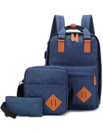 Fashion Navy Blue Stitching Nylon Fabric Backpack Three-piece Set