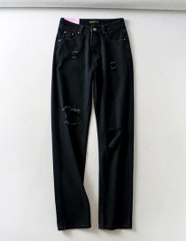 Fashion Black Washed Hole Slim-fit Denim Trousers