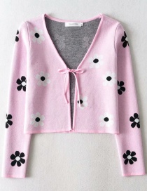 Fashion Pink Floral Print Long-sleeved Lace-up Knitted Cardigan