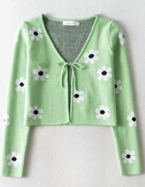 Fashion Green Floral Print Long-sleeved Lace-up Knitted Cardigan