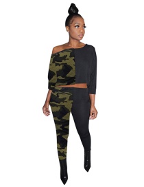 Fashion Camouflage Two-color Stitching Leopard Print Camouflage Diagonal Top Pants Suit