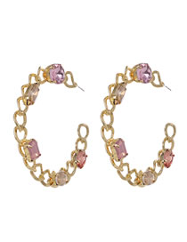 Fashion Pink Alloy Chain Diamond Hollow Circle Stud Earrings