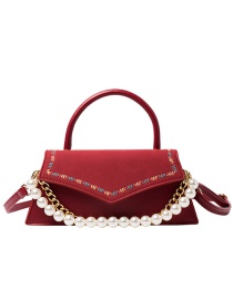 Fashion Red Pearl Chain Embroidery Thread Flap Crossbody Shoulder Bag
