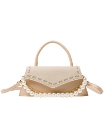 Fashion Beige Pearl Chain Embroidery Thread Flap Crossbody Shoulder Bag