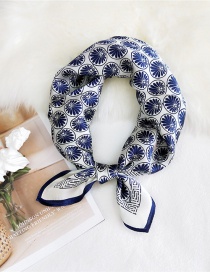 Fashion Fan Flower Navy Blue Mulberry Silk Print Geometric Knotted Small Square Scarf