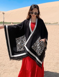 Fashion Black. Faux Cashmere Leopard Print Pocket Slit Long Shawl