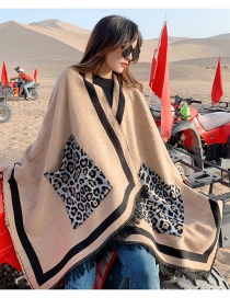 Fashion Khaki Faux Cashmere Leopard Print Pocket Slit Long Shawl