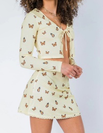 Fashion Yellow Butterfly Print Cardigan High Waist Bag Hip Skirt Suit