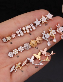 Fashion 7# Rose Gold Color Flower Double Head Screw Stainless Steel Inlaid Zircon Geometric Stud Earrings