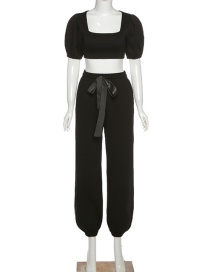 Fashion Black Lantern Sleeve Square Neck T-shirt High Waist Pants Set