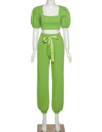 Fashion Green Lantern Sleeve Square Neck T-shirt High Waist Pants Set