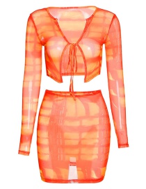 Fashion Orange Mesh Printed T-shirt High Waist Bag Hip Skirt Suit