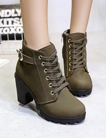 Fashion Armygreen High Block Heel Side Zipper Round Toe Martin Boots
