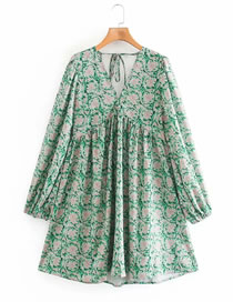 Fashion Green Floral V-neck Puff Sleeve Printed Jumpsuit