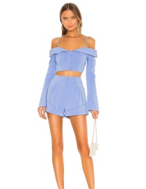 Fashion Blue Single-breasted Panelled Solid Color Pleated Shorts