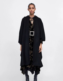 Fashion Black Hooded Long Cloak Woolen Coat
