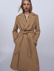 Fashion Caramel Colour Solid Color Wool Coat Jacket With Belt