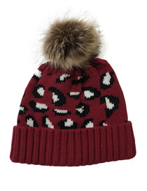 Fashion Claret Leopard-print Curled Knit Hat