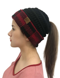Fashion Black+red Grid Letter Label Large Lattice Curled Knitted Woolen Hat