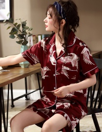 Fashion Red Crane Faux Silk Printed Cardigan Short-sleeved Thin Homewear Pajamas Set