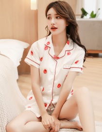 Fashion White Strawberry Faux Silk Printed Cardigan Short-sleeved Thin Homewear Pajamas Set