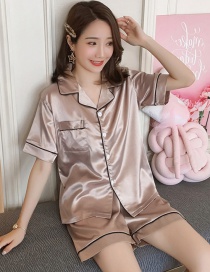 Fashion Apricot Faux Silk Printed Cardigan Short-sleeved Thin Homewear Pajamas Set