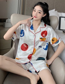 Fashion White Circle Faux Silk Printed Cardigan Short-sleeved Thin Homewear Pajamas Set