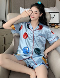 Fashion Blue Circle Faux Silk Printed Cardigan Short-sleeved Thin Homewear Pajamas Set