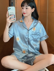 Fashion Blue Daisy Faux Silk Printed Cardigan Short-sleeved Thin Homewear Pajamas Set