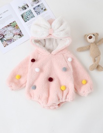 Fashion Pink Stuffed Ball Hooded Contrast Color Childrens Jumpsuit