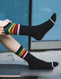 Fashion Black Cotton Striped Contrast Socks