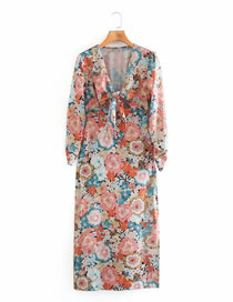 Fashion Color Mixing Floral Print Puff Sleeve Long Dress