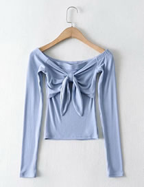 Fashion Blue Bowknot Shoulder Long Sleeve Slim T-shirt