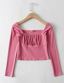 Fashion Pink Pleated Long-sleeved Slim-fit T-shirt Top