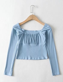 Fashion Blue Pleated Long-sleeved Slim-fit T-shirt Top