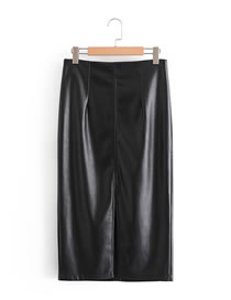 Fashion Black Imitation Pu Leather Solid Color Straight Skirt