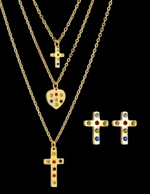 Fashion Heart Cross Set Diamond Love Cross Multilayer Stainless Steel Necklace And Earring Set