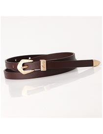 Fashion Brown Thin Leather Belt Carved Buckle Alloy Belt