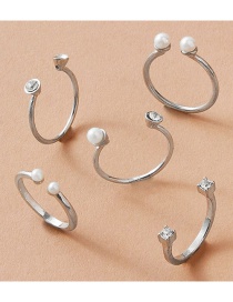 Fashion Silver Pearl And Diamond Opening Adjustable Ring Set