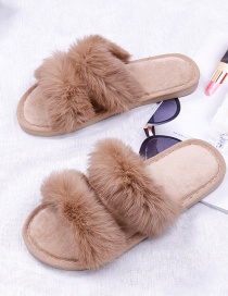 Fashion Khaki Flat Indoor Slippers With Real Rabbit Fur