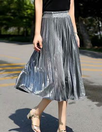 Fashion Silver Crumpled Elastic Waist Solid Color Pleated Skirt