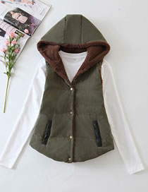 Fashion Armygreen Hooded Single-breasted Plus Size Vest Vest
