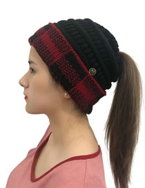 Fashion Red+black Buttoned Large Lattice Curled Knitted Ponytail Hat