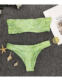 Fashion Green Bandeau Leopard And Snakeskin Split Swimsuit