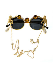 Fashion Golden Plate Carved Monkey Pearl Crystal Sunglasses